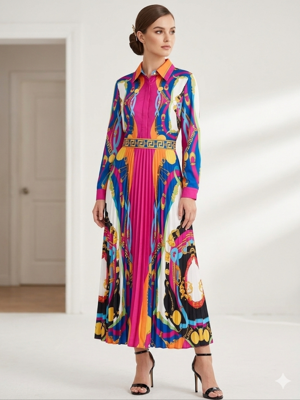 Jainmy Martinez Printed Long Sleeve Maxi Shirt Dress in Fuchsia and Multicolor